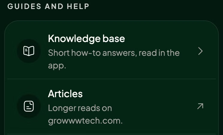Learn in the app: the knowledge base and the articles.