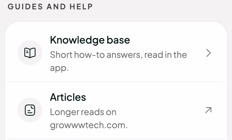 Learn in the app: the knowledge base and the articles.